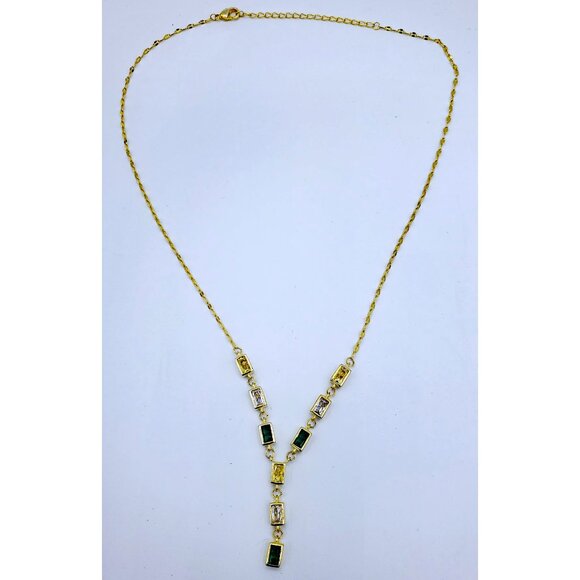 Emerald Cut Green Yellow & Clear Stones Gold Plated Y Necklace 16" NWOT - Picture 4 of 4